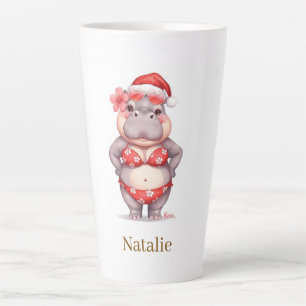 Taza De Café Latte Surfista Hipopótamo en bikini rojo para Navidad