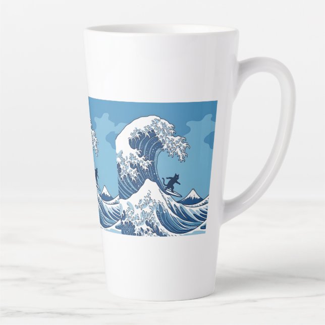 Taza De Café Latte Surf's Up, Kanagawa – The Great Wave Cat Surfer (Derecha)