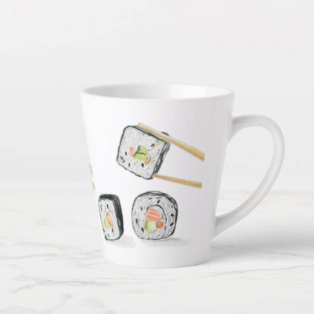 Taza De Café Latte Sushi Salmon Se Rodea Con Palillos (Derecha)