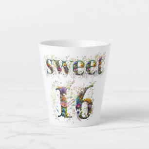 Taza De Café Latte Sweet 16 Happy Birthday Wildflowers Text