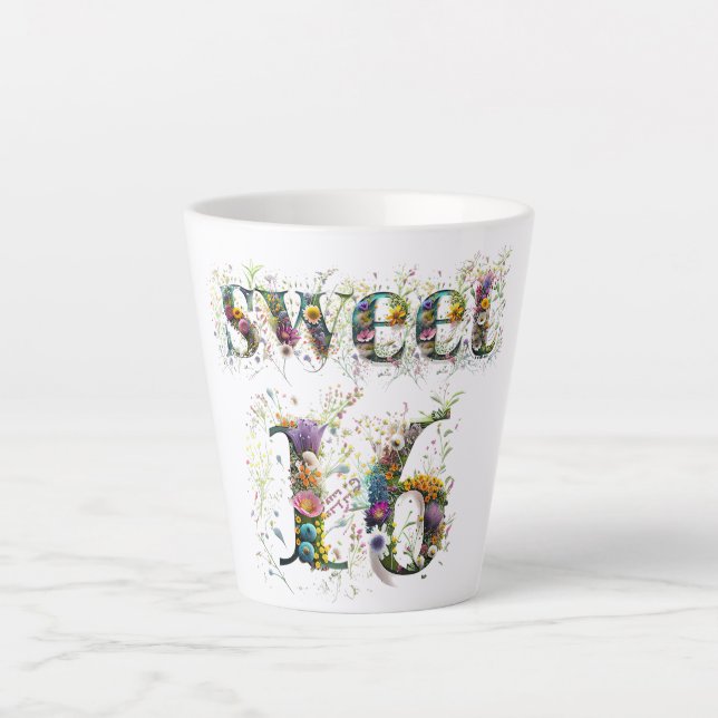 Taza De Café Latte Sweet 16 Happy Birthday Wildflowers Text (Anverso)