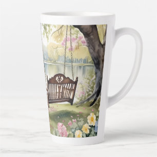 Taza De Café Latte Swing a orillas del lago en un romántico jardín ac