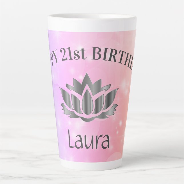 Taza De Café Latte Tarjeta de cumpleaños 21 personalizada Sparkly (Anverso)