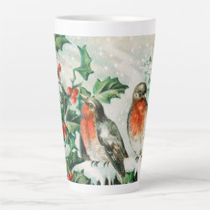 Taza De Café Latte Tarjeta de Navidad antigua con petirrojos, acebo,