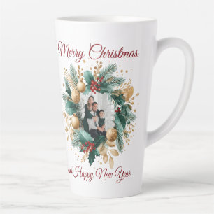 Taza De Café Latte Tarjeta fotográfica Wreath de Navidades personaliz