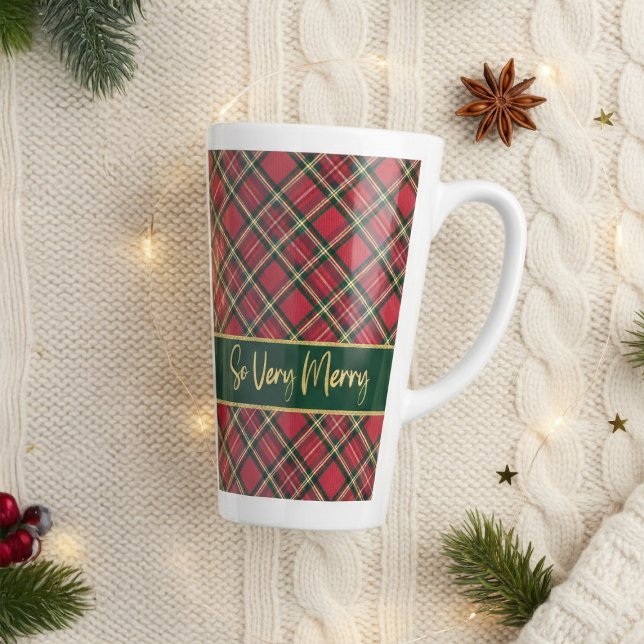 Taza De Café Latte Tartán Tartán Rojo Oro Muy Feliz (Holiday Tartan Red Plaid Gold So Very Merry Latte Mug)