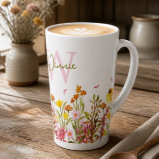 Taza De Café Latte Taza alta para latte con monograma de flor silvest