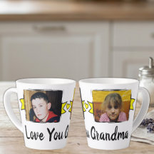 Taza de latte amarilla con 2 fotos te amo abuela