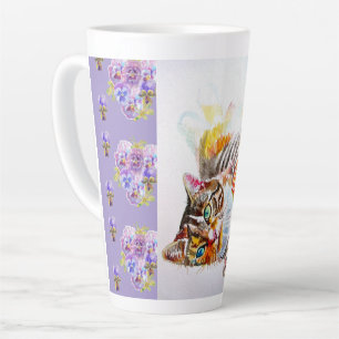 Taza De Café Latte Taza de Latte con Gato Tabby Morado Pintado a Mano