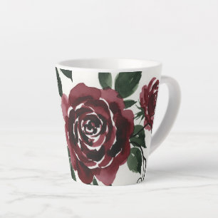 Taza De Café Latte Taza de latte de acuarela de rosas rojas oscuras