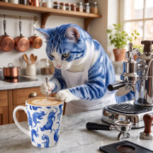 Taza de latte de gatos flotantes azules al estilo