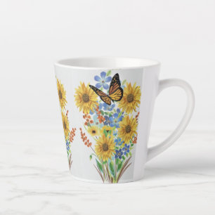 Taza De Café Latte Taza de latte de mariposa y flores amarillas