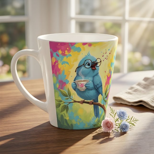 Taza De Café Latte Taza de latte de pájaro azul cantando lindo (Subido por el creador)