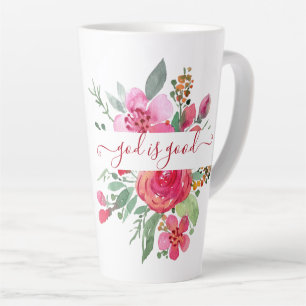 Taza De Café Latte Taza de latte "Dios es Bueno" floral acuarela rosa