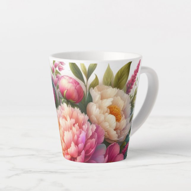 Taza De Café Latte Taza de Latte Floral Peonía Rosa Peonías (Ángulo derecho)