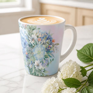 Taza De Café Latte Taza Floral y Hortensia Azul Latte