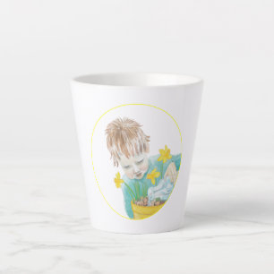 Taza De Café Latte Taza pequeña de latte con niño con narcisos