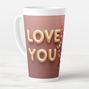 Taza De Café Latte Te Amo Letras Doradas Con Perla Floral Roja