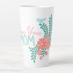 Taza De Café Latte Te quiero mamá texto flores rosas y pájaros azules