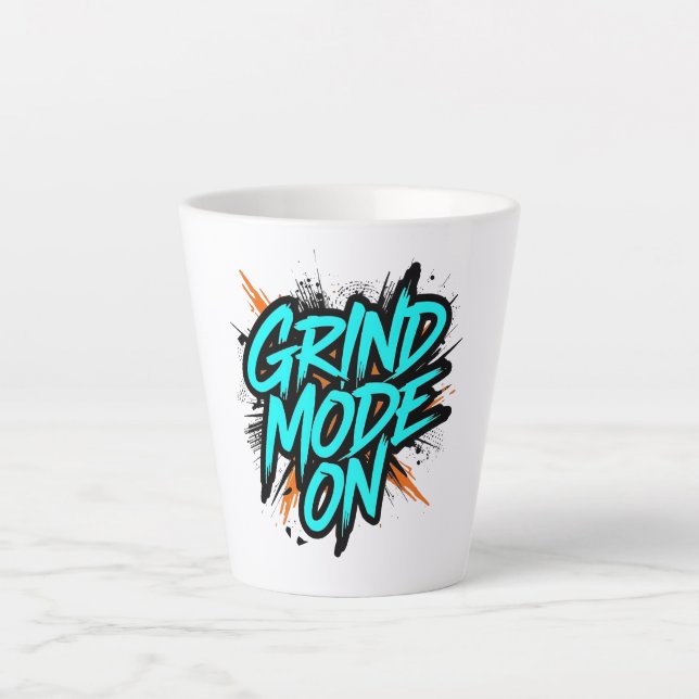 Taza De Café Latte Teal Graffiti Style "Grind Mode On" (Anverso)