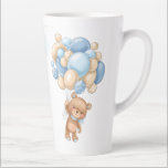 Taza De Café Latte Teddy Bear Blue Balloons Baby Shower<br><div class="desc">Este diseño presenta un agradable oso de Teddy con globo azul y crema. El texto "Baby Shower" se escribe en una fuente de script.</div>