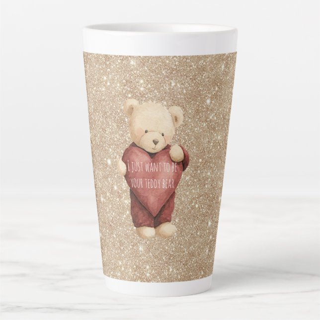 Taza De Café Latte Teddy Bear Red Heart Gold Glitter (Anverso)