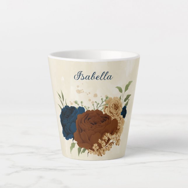 Taza De Café Latte terracota azul marino floral (Anverso)