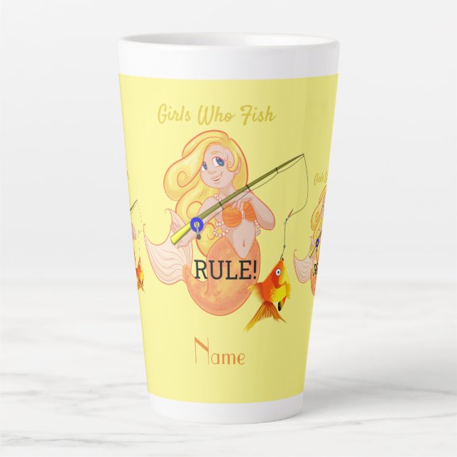 Taza De Café Latte Thunder_Cove, Chica de la sirena pesquera divertid (Anverso)