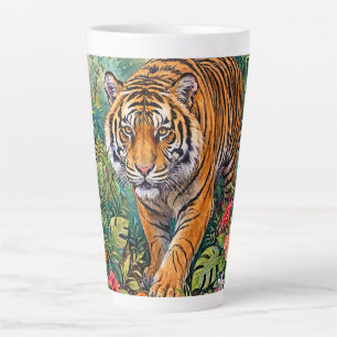Taza De Café Latte Tigre de Bengala Jungla de Bambú Vibrante