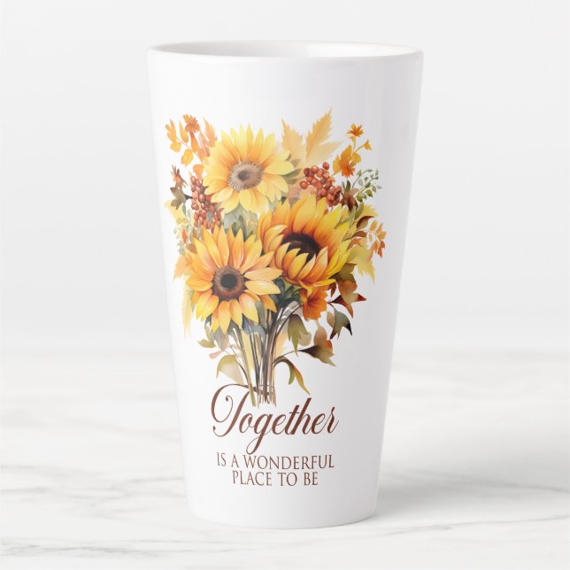 Taza De Café Latte Together in Fall – Sunflowers, Leaves & Love (Anverso)