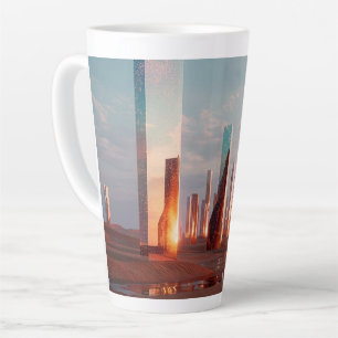 Taza De Café Latte Torres de espejo surrealistas futuristas en el des