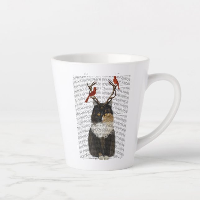 Taza De Café Latte Tortoiseshell Cat con pollas y aves rojas (Derecha)
