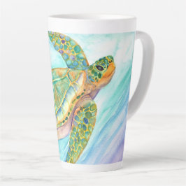 Taza De Café Latte Tortuga marina sonriente nadando