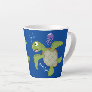 Taza De Café Latte Tortuga marina verde suave feliz ilustracion perso