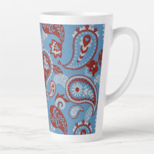 Taza De Café Latte Tradicional Paisley Linocut Rojo Azul Blanco