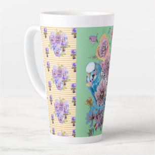 Taza De Café Latte Trama de lata rosada con flores del Budgie amarill