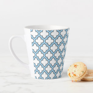 Taza De Café Latte Trellis azul blanco y bebé, Entramado, Quatrefoil