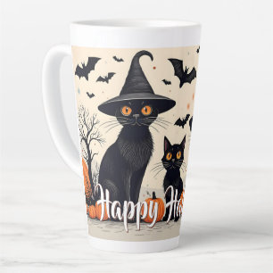 Taza De Café Latte Tres gatos negros con sombreros en Halloween