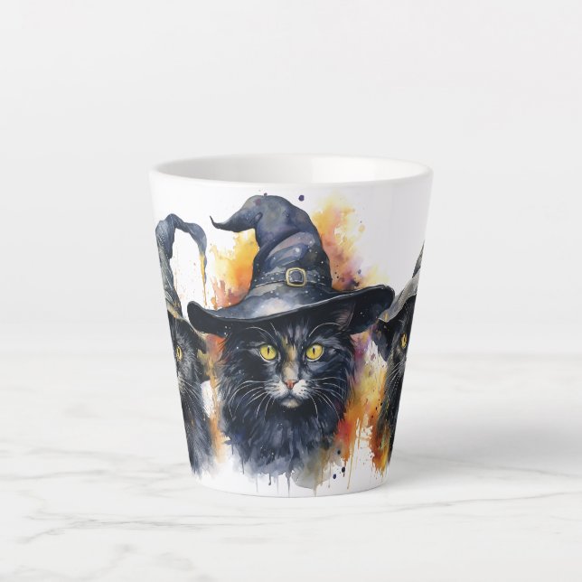 Taza De Café Latte Trío de gato negro acuarela (Anverso)