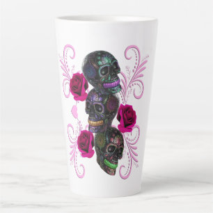 Taza De Café Latte Triple Día Negro De Los Cránulos Muertos Rosas Ros