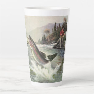 Taza De Café Latte Trucha Arcoíris, Pescador Antiguo Pescando Peces