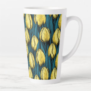 Taza De Café Latte Tulipanes amarillos con hojas azules