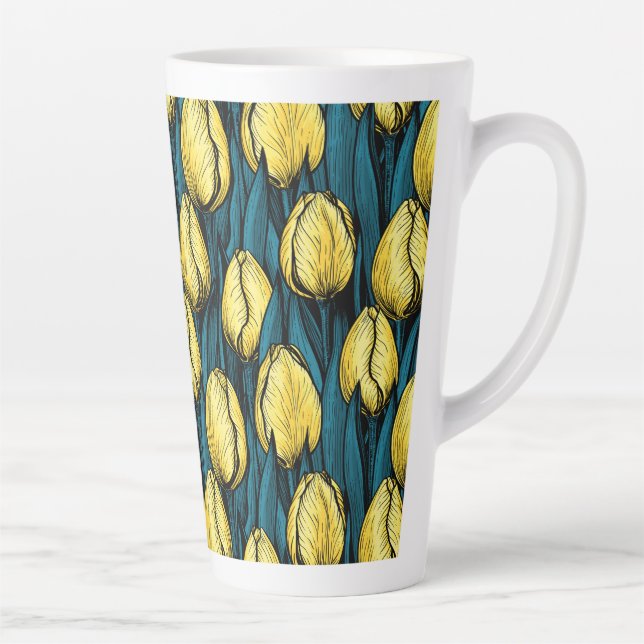 Taza De Café Latte Tulipanes amarillos con hojas azules (Derecha)