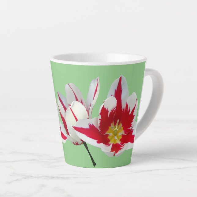 Taza De Café Latte Tulipanes blancos rojos cierran honda de lata verd (Ángulo derecho)