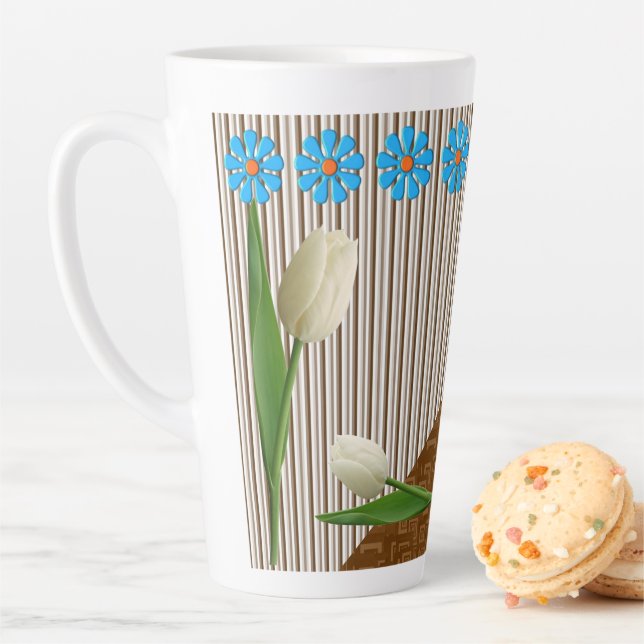 Taza De Café Latte Tulipanes florales Stripe Latte Mug (In situ)