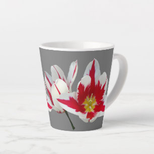 Taza De Café Latte Tulipanes rojos blancos cierran la barra gris de l