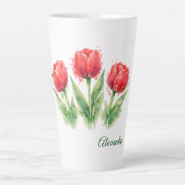Taza De Café Latte Tulipanes rojos personalizados de acuarela