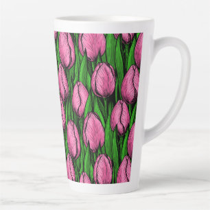 Taza De Café Latte Tulipanes rosados con hojas verdes