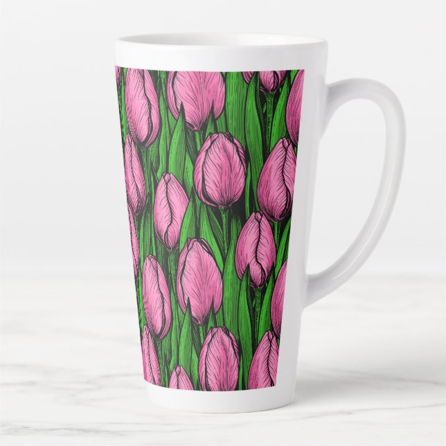Taza De Café Latte Tulipanes rosados con hojas verdes (Derecha)