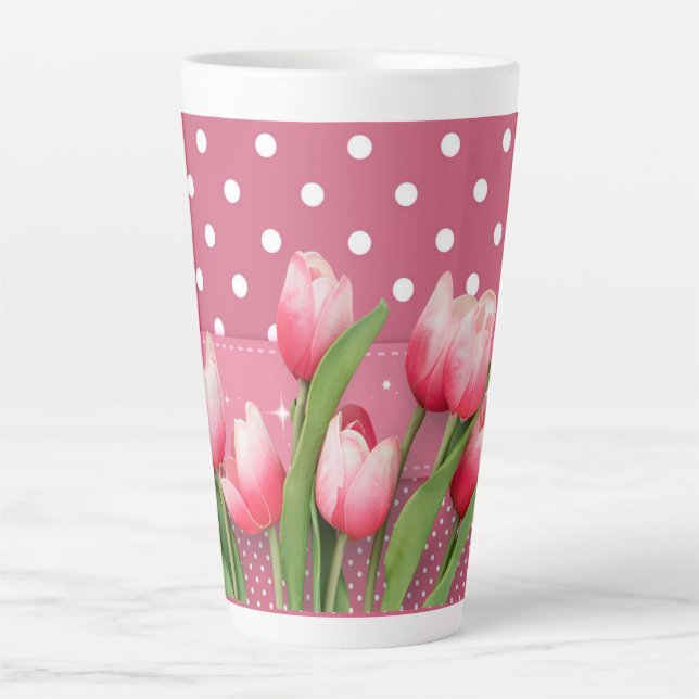 Taza De Café Latte tulipanes rosados y puntos de polka rosa y blanco (Anverso)